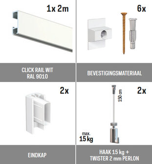 all-in-one kit 2 m Click Rail wit RAL 9010 + Twister 2 mm perlon 150 cm + haak 15 kg