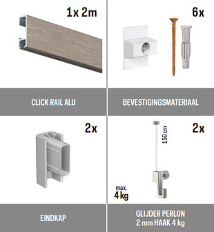 all-in-one kit 2 m Click Rail alu geborsteld + glijder 2 mm perlon 150 cm + mini haak 4 kg