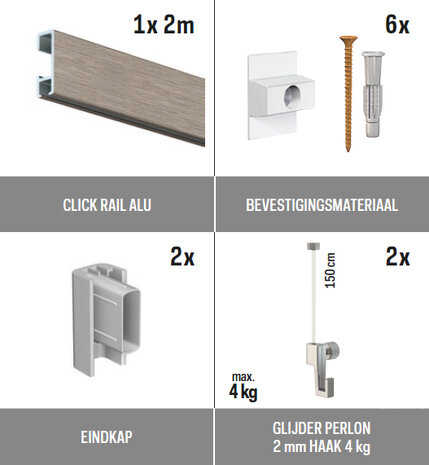 all-in-one kit 2 m Click Rail alu geborsteld + glijder 2 mm perlon 150 cm + mini haak 4 kg