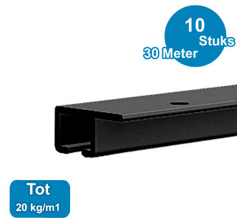 TOP RAIL, ZWART ANOD, 300cm, max. 20 kg/m1, per 10 stuks 9.4324