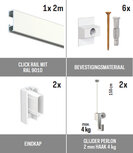 all-in-one kit 2 m Click Rail wit RAL 9010 + glijder 2 mm perlon 150 cm + mini haak 4 kg all-in-one kit 2 m Click Rail wit RAL 9010 + glijder 2 mm perlon 150 cm + mini haak 4 kg