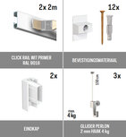 all-in-one kit 4 m Click Rail wit primer RAL 9016 + glijder 2 mm perlon 150 cm + mini haak 4 kg all-in-one kit 4 m Click Rail wit primer RAL 9016 + glijder 2 mm perlon 150 cm + mini haak 4 kg