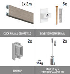 all-in-one kit 2 m Click Rail alu geborsteld + Twister 2 mm perlon 150 cm + haak 15 kg all-in-one kit 2 m Click Rail alu geborsteld + Twister 2 mm perlon 150 cm + haak 15 kg