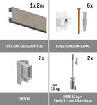 all-in-one kit 2 m Click Rail alu geborsteld + Twister 2 mm staaldraad 150 cm + haak 15 kg all-in-one kit 2 m Click Rail alu geborsteld + Twister 2 mm staaldraad 150 cm + haak 15 kg